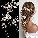 4 Pieces Bridal Wedding Hair Pins Gold Leaf Crystal Pearl Hair Pins Clips Flower Headpiece Vintage Wedding Hair Accessories for Brides Bridesmaids Women Girls
