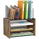 4-Tier Desk Organizer, Desk File Organizer with 5 Vertical File Holders, Office Desktop Organizer with 3 Level Paper Organizer Letter Tray, Wooden Desk Organizers and Accessories for Home Office