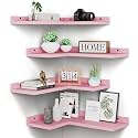 4 Tier Floating Corner Shelves Pink Set of 4, Rustic Pine Wooden Floating Corner Wall Shelf for Wall Décor Storage, L Shaped Corner Shelf Wall Mount for Bedroom, Living Room, Bathroom, Kitchen.