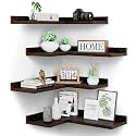 4 Tier Floating Corner Shelves Set of 4, Rustic Pine Wooden Floating Corner Wall Shelf for Wall Décor Storage, L Shaped Corner Shelf Wall Mount For Bedroom, Living Room, Bathroom, Kitchen, Red Brown.
