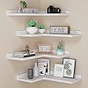 4 Tier Floating Corner Shelves White Set of 4, Rustic Pine Wooden Floating Corner Wall Shelf for Wall Décor Storage, L Shaped Corner Shelf Wall Mount for Bedroom, Living Room, Bathroom, Kitchen