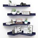 4 Tier Floating Shelves - Navy Blue Set of 4, Rustic Pine Wooden L Shaped Corner Wall Shelf for Wall Decor Storage, Bedroom, Living Room, Bathroom, Kitchen