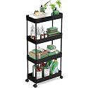 4-Tier Multipurpose Kitchen Storage Rack with Wheels Heavy Duty Metal Utility Organizer Trolley Rolling Storage Shelf for Kitchen, Bathroom, Laundry & Office Black