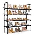 LANTEFUL 4 Tier Shoe Rack for Closet Shoe Organizer with 5 Hooks, Long Shoe Shelf Storage for Shoe and Boot Stackable Free Standing Shoe Rack for Entryway, Garage, Small Spaces, Dorm, Black