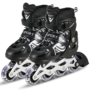 4 wheels adjustable inline skates skating shoes for boys kids girls skating shoe adjustable roller blades age 6 to 15 years pu strong wheels aluminium with led flash light on wheels black