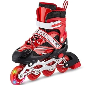 4 wheels adjustable inline skates skating shoes for boys kids girls skating shoe adjustable roller blades age 6 to 15 years pu strong wheels aluminium with led flash light on wheels red