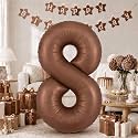 40 Inch Balloon Number 8 Dark Brown, Large Foil Chocolate Brown Number 8 Balloons for Men Women, Self Inflating Digital 8 Helium Balloons for Boys Girls 8th 28th Birthday Anniversary Party Decorations