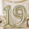 40 Inch Champagne Gold Number 19 Balloon, Light Gold Large Self Inflating Foil 1 &amp; 9 Balloons for Women Men 19th Birthday Decorations 19 Helium Balloon Numbers for 19 Year Old Anniversary Party