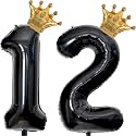 40 inch Large Black 12 Balloon Number with Gold Crown Balloons 12th Birthday Big Foil Mylar Helium Balloon for Boys Girls 12th Birthday Anniversary Decorations Supplies Favors(Number 12 Balloons）