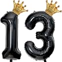 40 inch Large Black 13 Balloon Number with Gold Crown Balloons 13th Birthday Big Foil Mylar Helium Balloon for Boys Girls 13th Birthday Anniversary Decorations Supplies Favors(Number 13 Balloons）