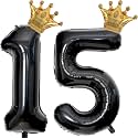 40 inch Large Black 15 Balloon Number with Gold Crown Balloons 15th Birthday Big Foil Mylar Helium Balloon for Boys Girls 15th Birthday Anniversary Decorations Supplies Favors(Number 15 Balloons）