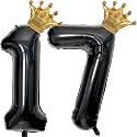 40 inch Large Black 17 Balloon Number with Gold Crown Balloons 17th Birthday Big Foil Mylar Helium Balloon for Boys Girls 17th Birthday Anniversary Decorations Supplies Favors(Number 17 Balloons）