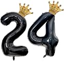 40 inch Large Black 24 Balloon Number with Gold Crown Balloons 24th Birthday Big Foil Mylar Helium Balloon for Boys Girls 24th Birthday Anniversary Decorations Supplies Favors(Number 24 Balloons）