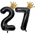 40 inch Large Black 27 Balloon Number with Gold Crown Balloons27th Birthday Big Foil Mylar Helium Balloon for Boys Girls 27th Birthday Anniversary Decorations Supplies Favors(Number 27 Balloons）