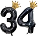 40 inch Large Black 34 Balloon Number with Gold Crown Balloons 34th Birthday Big Foil Mylar Helium Balloon for Boys Girls 34th Birthday Anniversary Decorations Supplies Favors(Number 34 Balloons）