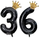 40 inch Large Black 36 Balloon Number with Gold Crown Balloons 36th Birthday Big Foil Mylar Helium Balloon for Boys Girls 36th Birthday Anniversary Decorations Supplies Favors(Number 36 Balloons）