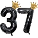 40 inch Large Black 37 Balloon Number with Gold Crown Balloons 37th Birthday Big Foil Mylar Helium Balloon for Boys Girls 37th Birthday Anniversary Decorations Supplies Favors(Number 37 Balloons）