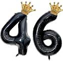 40 inch Large Black 46 Balloon Number with Gold Crown Balloons 46th Birthday Big Foil Mylar Helium Balloon for Women Man 46th Birthday Anniversary Decorations Supplies Favors(Number 46 Balloons）