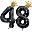 40 inch Large Black 48 Balloon Number with Gold Crown Balloons 48th Birthday Big Foil Mylar Helium Balloon for Women Man 48th Birthday Anniversary Decorations Supplies Favors(Number 48 Balloons）