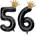 40 inch Large Black 56 Balloon Number with Gold Crown Balloons 56th Birthday Big Foil Mylar Helium Balloon for Women Man 56th Birthday Anniversary Decorations Supplies Favors(Number 56 Balloons）