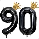 40 inch Large Black 90 Balloon Number with Gold Crown Balloons 90th Birthday Big Foil Mylar Helium Balloon for Women Man 90th Birthday Anniversary Decorations Supplies Favors(Number 90 Balloons）