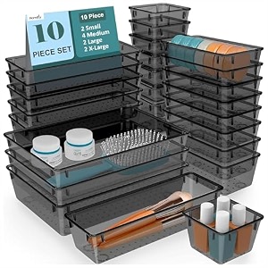 homifly 10 pieces unbreakable drawers organisersmultipurpose drawer organizer traystorage box for dressing tablemakeup organiser traystorage bins for bathroomkitchen - black