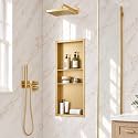40 x 16 Inch Stainless Steel Shower Niche, No Tile Needed Wall Niche with 3- Tier Shelves, Recessed Wall Niche Insert for Bathroom Shower Kitchen Storage, Brush Gold