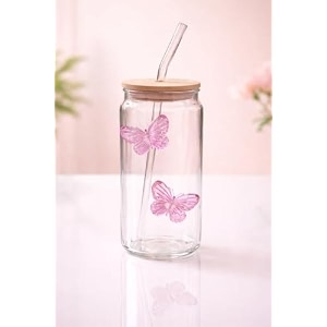 400ml sipper drinking jar with bamboo lid amp glass straw butterfly printed mason jar cup leakproof reusable smoothie amp juice tumbler beverage glass for home amp office pack of 1 pink