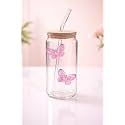 400ml Sipper Drinking Jar with Bamboo Lid & Glass Straw, Butterfly Printed Mason Jar Cup, Leakproof Reusable Smoothie & Juice Tumbler, Beverage Glass for Home & Office (Pack of 1 Pink)