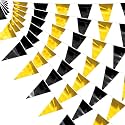 40M/130FT Black Gold Glitter Triangle Pennant Banner Flag Metallic Bunting Fabric Garland for Christmas Graduation Anniversary Birthday Engagement Wedding Anniversary Casino Party Decorations Decor