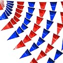40M/130FT Blue Red Glitter Triangle Pennant Banner Flag Metallic Bunting Fabric Garland for Christmas Graduation, Independence Day, 4th of July, Patriotic Themed Party Decoration
