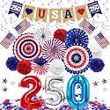 34PCS 4th/Fourth of July USA 250th Anniversary Decorations Set, Red White Blue Patriotic Decorations, Love USA Banner American Flag Pom Poms Decor for Memorial Day Independence Day