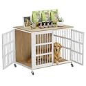 42" Furniture Style Large Dog Crate with Wheels, Metal Chew-Resistant Dog Kennel Indoor for Large &amp; Medium Dogs, 41.9" W x 28.3" D x 31.7" H, Decorate House as TV Stand, End Table — Natural and White