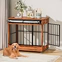 42" Large Dog Crate Furniture, Double Door Wooden Indoor Dog Kennel Furniture, Pet Cage Decorative with Wheels for Large Breed Dogs, Size XL, Vintage Brown