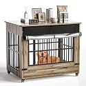 42" Large Dog Crate Furniture, Double Door Wooden Indoor Dog Kennel Furniture, Decorative Pet Cage End Table with Wheels for Large Breed Dogs, Size XL, Greige