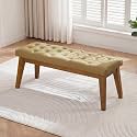 43.5" Upholstered Bedroom Bench, Faux Leather Entryway Bench with Solid Wood Legs, End of Bed Bench with Cushion, Tufted Button Dining Bench for Living Room, Bedroom, Hallway, Light Brown