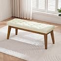 43.5" Upholstered Bedroom Bench, Faux Leather Entryway Bench with Solid Wood Legs, End of Bed Bench with Cushion, Tufted Button Dining Bench for Living Room, Bedroom, Hallway, Beige