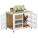 46" Dog Crate Furniture with Wheels, XXL Heavy Duty Dog Kennel Indoor for XL Dogs, Metal Chew-Proof Dog Cage, 45.7" L x 27.6" W x 31.5" H, Decorate House as TV Stand, End Table — Natural and White