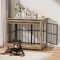 46" Large Dog Crate Furniture, Double Door Wooden Indoor Dog Kennel Furniture, Decorative Pet Cage End Table with Wheels for Extra Large Breed Dogs, Size 2XL, Greige