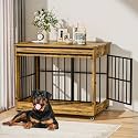 46" Large Dog Crate Furniture, Double Door Wooden Indoor Dog Kennel Furniture, Decorative Pet Cage End Table with Wheels for Extra Large Breed Dogs, Size 2XL, Rustic Brown