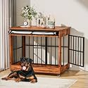 46" Large Dog Crate Furniture, Double Door Wooden Indoor Dog Kennel Furniture, Decorative Pet Cage End Table with Wheels for Extra Large Breed Dogs, Size 2XL, Vintage Brown