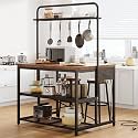 46" Large Kitchen Island Table Baker Rack with Power Outlet and 3-Tier Storage-Microwave Stand Oven Shelf, Metal Coffee Bar Table,Kitchen Storage Shelf for Dining Living Room, 5 Hooks,Vintage