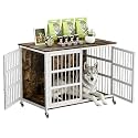 46" XXL Dog Crate Furniture with Wheels, Heavy Duty Metal &amp; Wooden Dog Kennel Indoor for Medium &amp; Large Dogs, 45.7" L x 27.6" W x 31.5" H, Decorative Pet House, TV Stand — Rustic Brown &amp; White