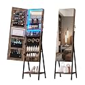 47.2" LED Jewelry Cabinet Armoire, Standing Full-Length Mirror With Jewelry Storage, Jewelry Organizer Armoire, Lockable Jewelry Mirror Cabinet (Rustic Light Brown)