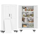 47" Metal Garage Storage Locker Cabinet with Wheels,Rolling White Kitchen Pantry Cabinet with 2 Doors and 3 Adjustable Shelves, Steel File Tool Cabinet for Home Office Living Dinning Room Warehouse