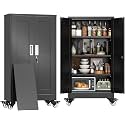 47" Metal Garage Storage Locker Cabinet with Wheels,Rolling Black Kitchen Pantry Cabinet with 2 Doors and 3 Adjustable Shelves, Steel File Tool Cabinet for Home Office Living Dinning Room Warehouse