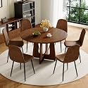 47" Round Dining Table Set for 6, Walnut Wood Grain Table and 6 Chairs Set