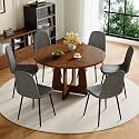 47" Round Dining Table Set for 6, Walnut Wood Grain Table and 6 Chairs Set
