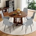 47" Round Dining Table Set for 6, Walnut Wood Grain Table and 6 Chairs Set