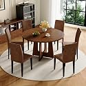 47" Round Dining Table Set for 6, Walnut Wood Grain Table and 6 Chairs Set